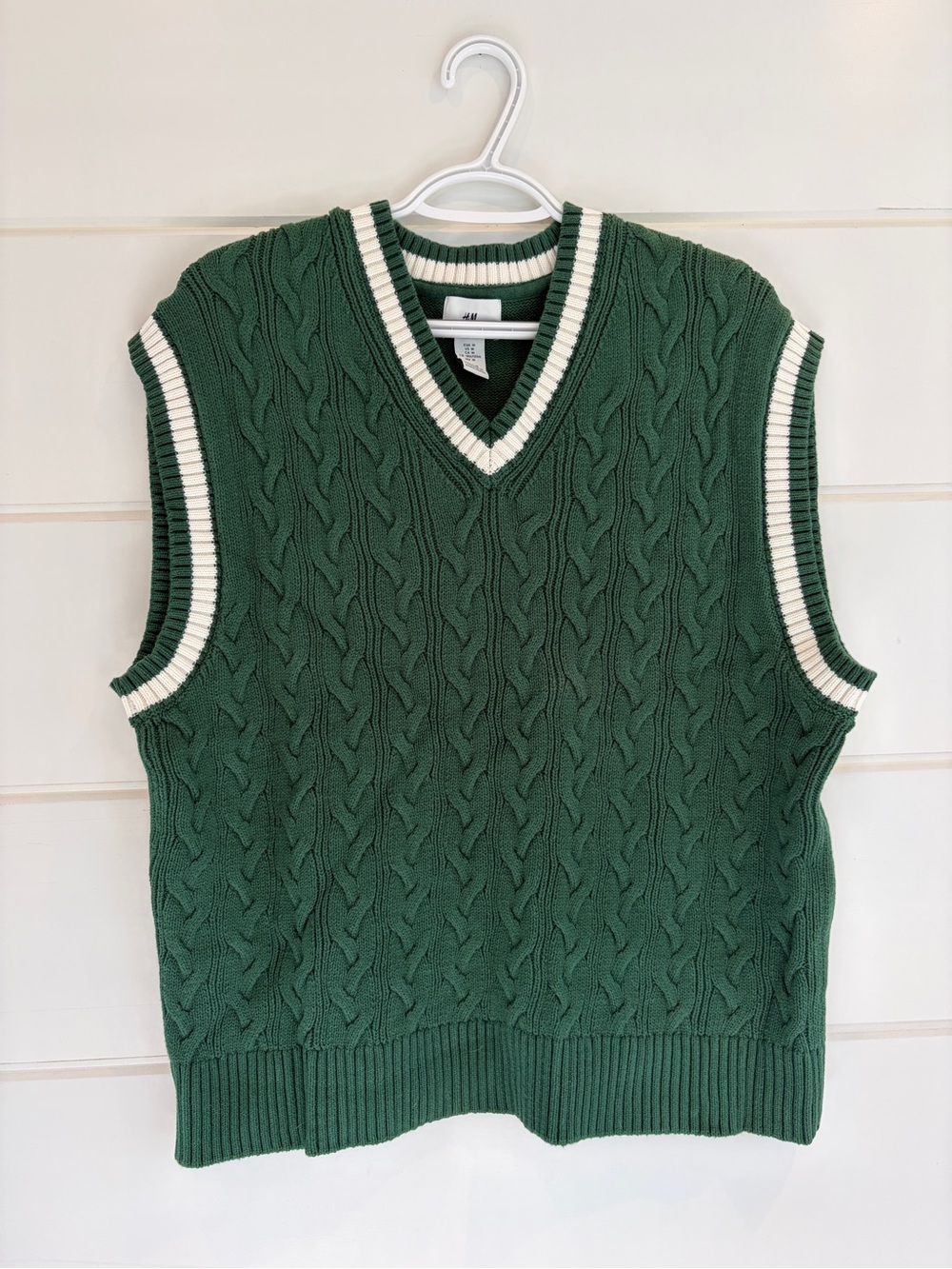 H&M Forest Green Cable Knit V-Neck Sweater Vest with White Trim